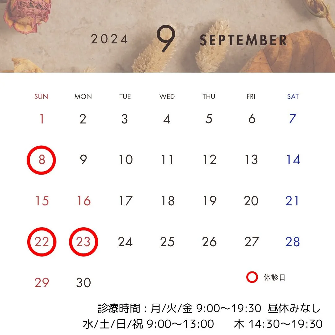 2024年9月の休診予定日になります！